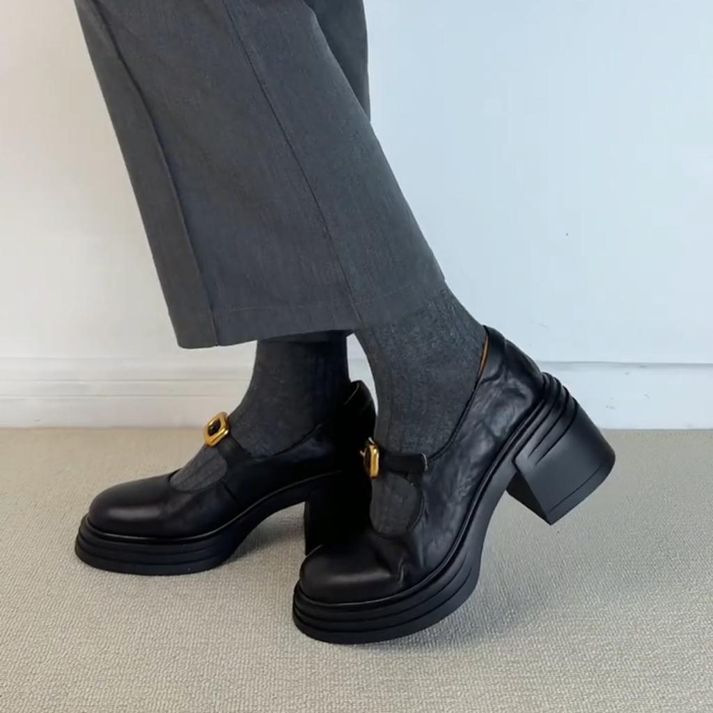 Sheepskin~ Small thick-soled heightening leather loafers for women's retro one-word thick-soled round-headed British small leather shoes