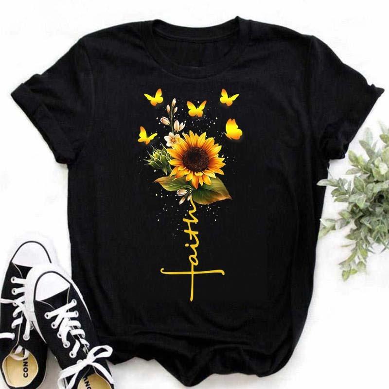 Cotton 100% Comfortable Casual Women's Black Top Women's T-shirt Casual Sunflower Butterfly Print Oversized T Shirt  Tops