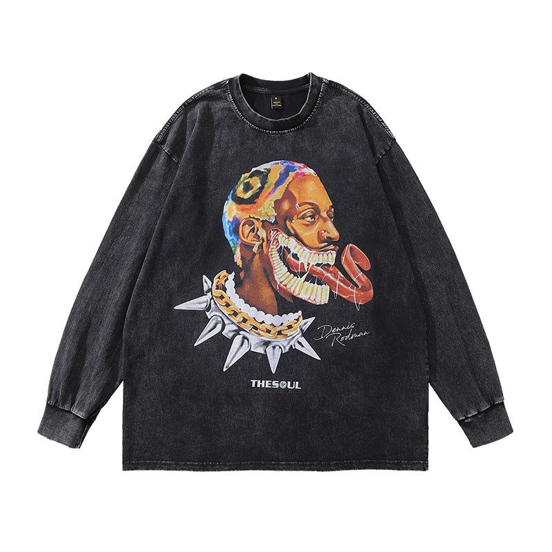American High Street Heavy Long-Sleeved T-Shirt Men'S And Women'S Autumn And Winter Loose Retro Printed Vintage Top