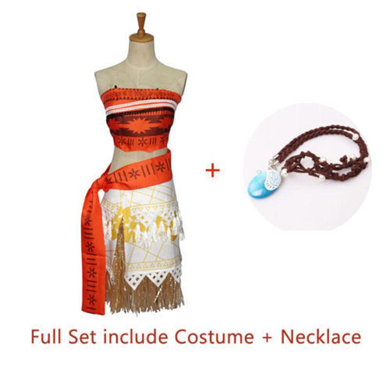 Delightful Girls Kids Moana Princess Costume Fancy Dress Set With Elegant Necklace Accessory