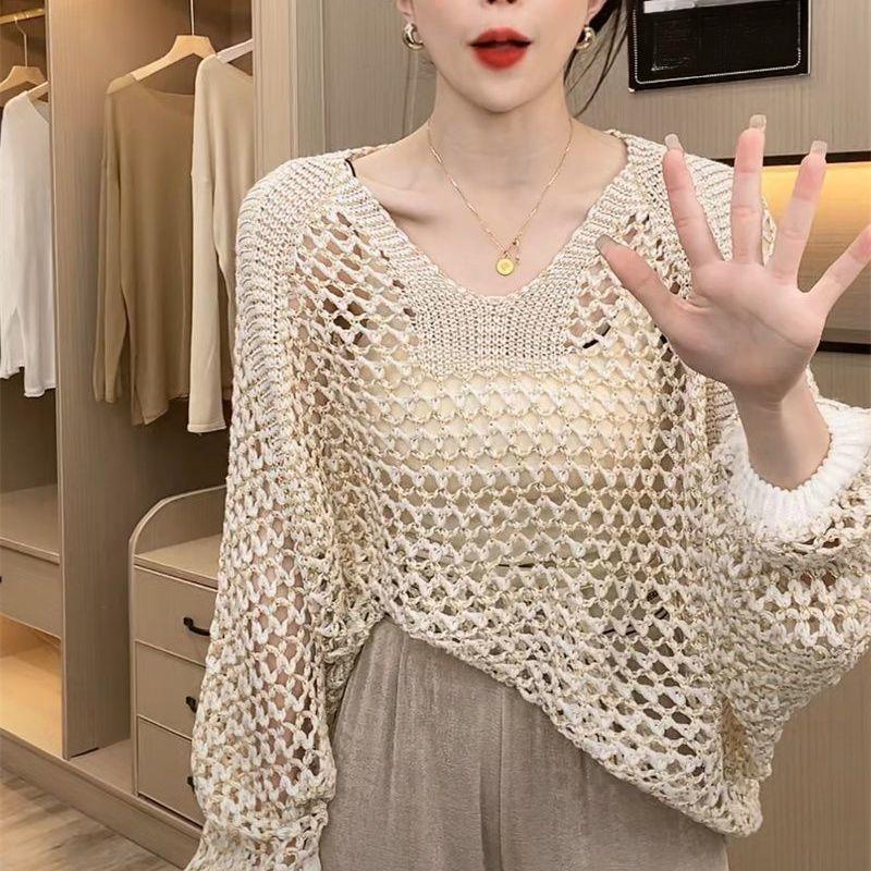 Velký netopýří rukáv Lesklý hedvábný Dírkovaný pletený svetr Tenké dámské Tričko na ochranu před sluncem Volný Jednobarevný Výstřih do V Pulovr Klimatizační tričko