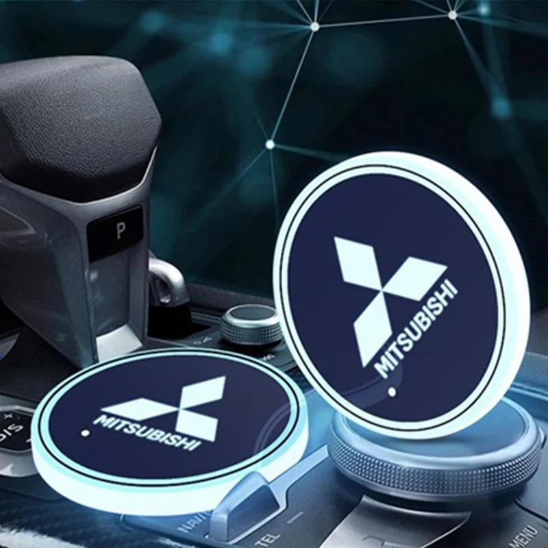 2 Stück 7 Farben LED Auto Logo Intelligente Wasserbecher-Unterlage für Mitsubishi Ralliart Lancer 9 10 ASX L200 Colt Pajero Outlander Eclipse