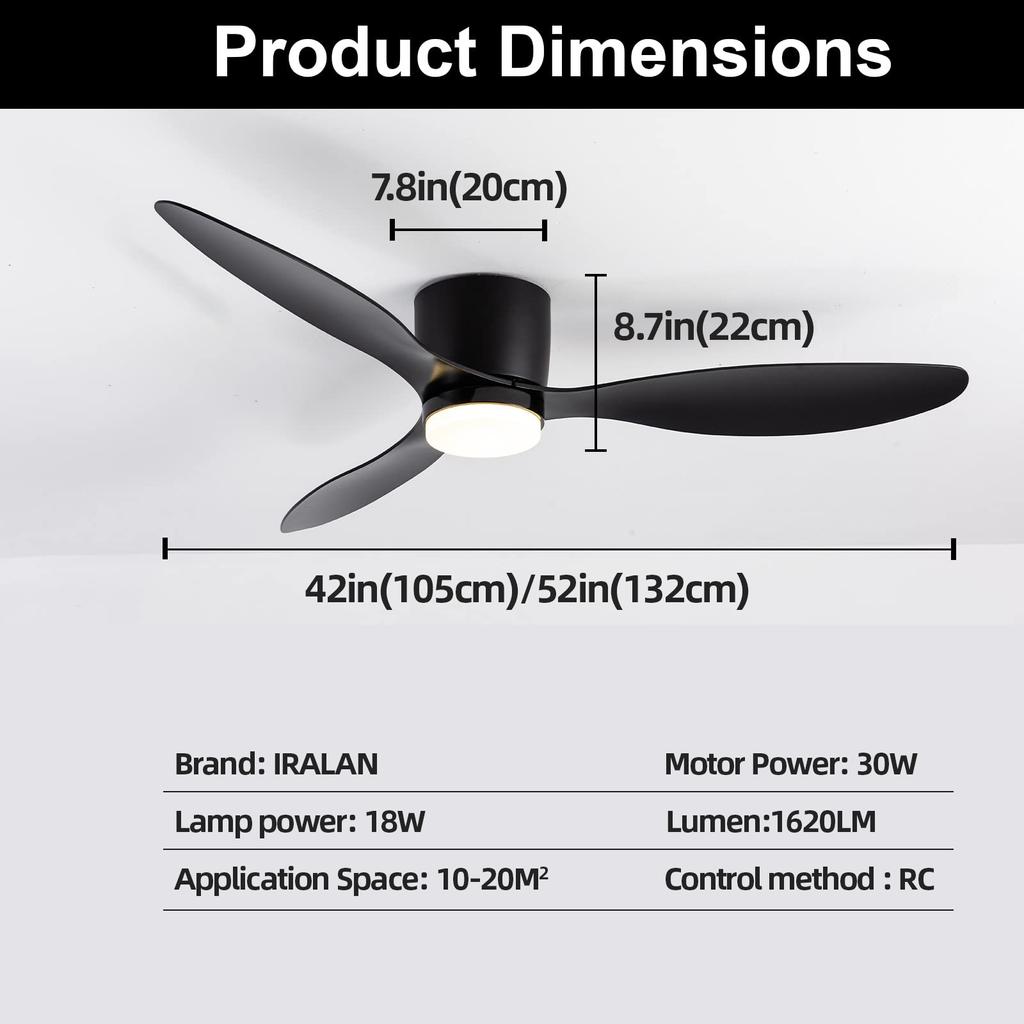 Ceiling Fans With Lights 42/52 Inch Led 3 Color 6 Speeds DC Motor Fans Remote Control Low Floor Decorative Fans With Lighting
