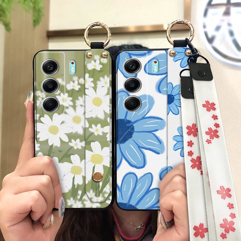 Durable Lanyard Phone Case For Tecno Camon40 Pro 4G/5G/CM6/CM7 Waterproof Back Cover Oil Painting Ring Silicone Flower