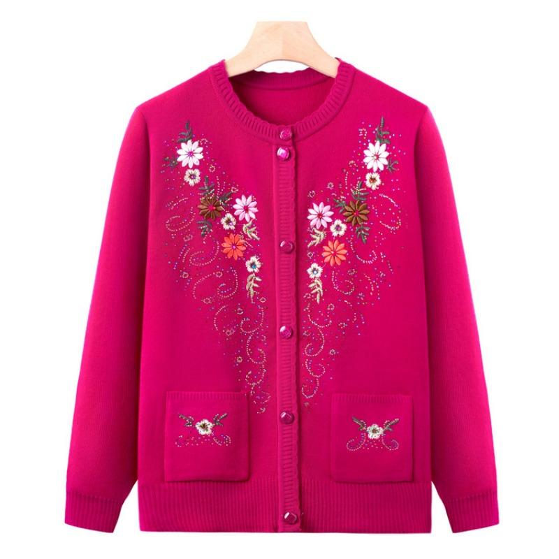 Old Lady Autumn and Winter Knitted Sweater Jacket Grandma Thin Embroidered Sweater Middle Old Man Mother Cardigan