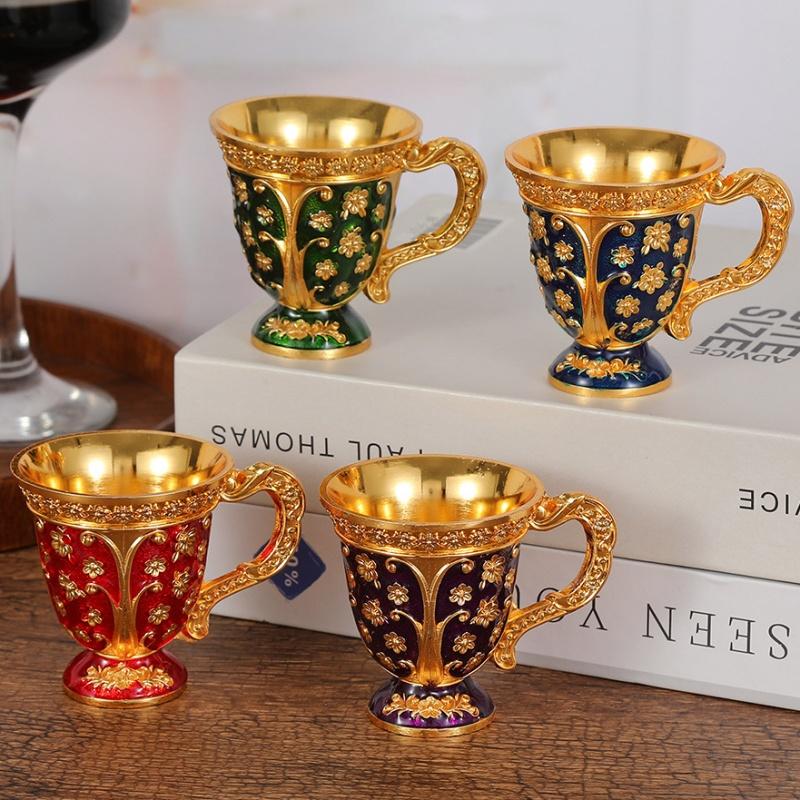 European Light Luxury Handle Cup, Alloy Relief Mini Vodka Glass, Portable Vintage Goblet, Creative Home Table Decoration, 1pcs