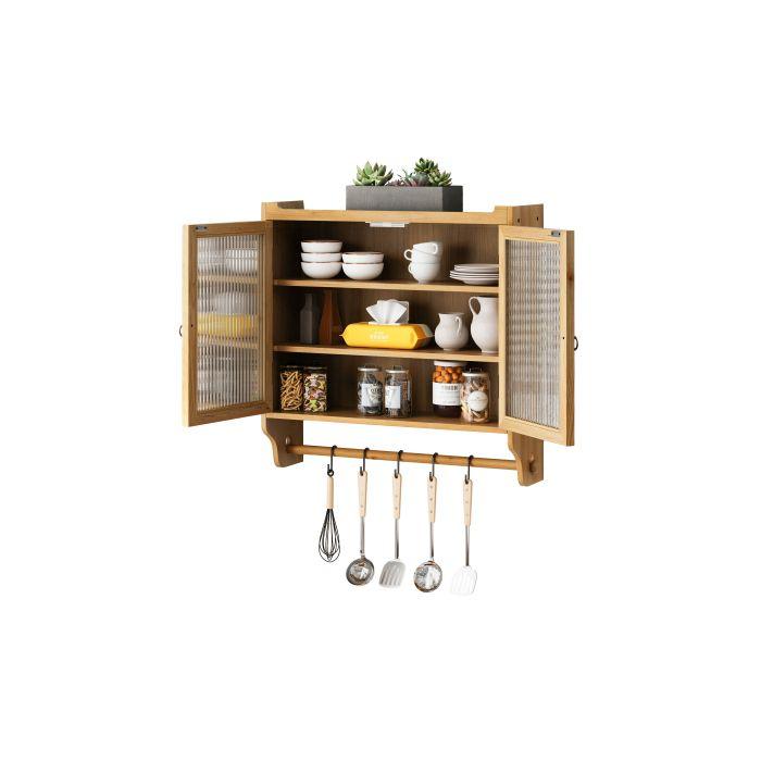 Wandvitrine im Vintage-Stil, zweitürig mit Glastüren, Breite 63 cm, mit drei Ablageböden, Naturholz-Finish.