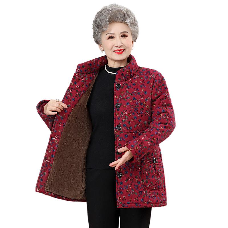 Pure Cotton Jacquard Jacket - Fleece-Lined Winter Coat for Middle-Aged and Elderly Women