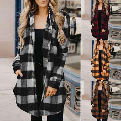 Fashion Women Casual Pockets Lattice Printed Long Sleeve Tops Jacket Coat