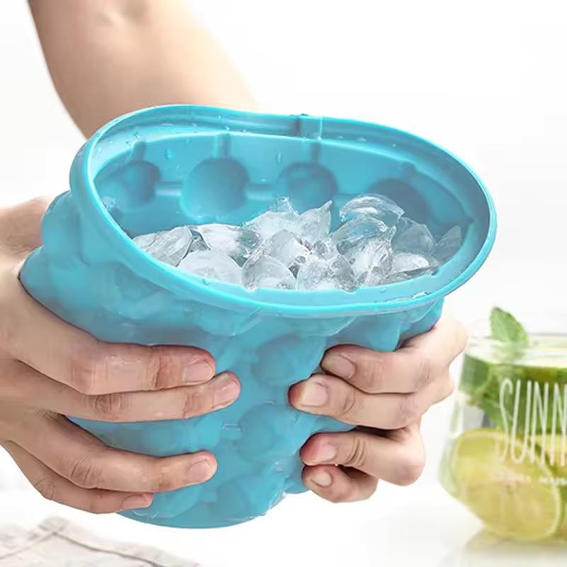 Portable Silicone Ice Bucket With Lid Ice Cube Maker Mold Wine Cooler Beer Whiskey Freeze Space Saving Home Bar Kitchen Tools
