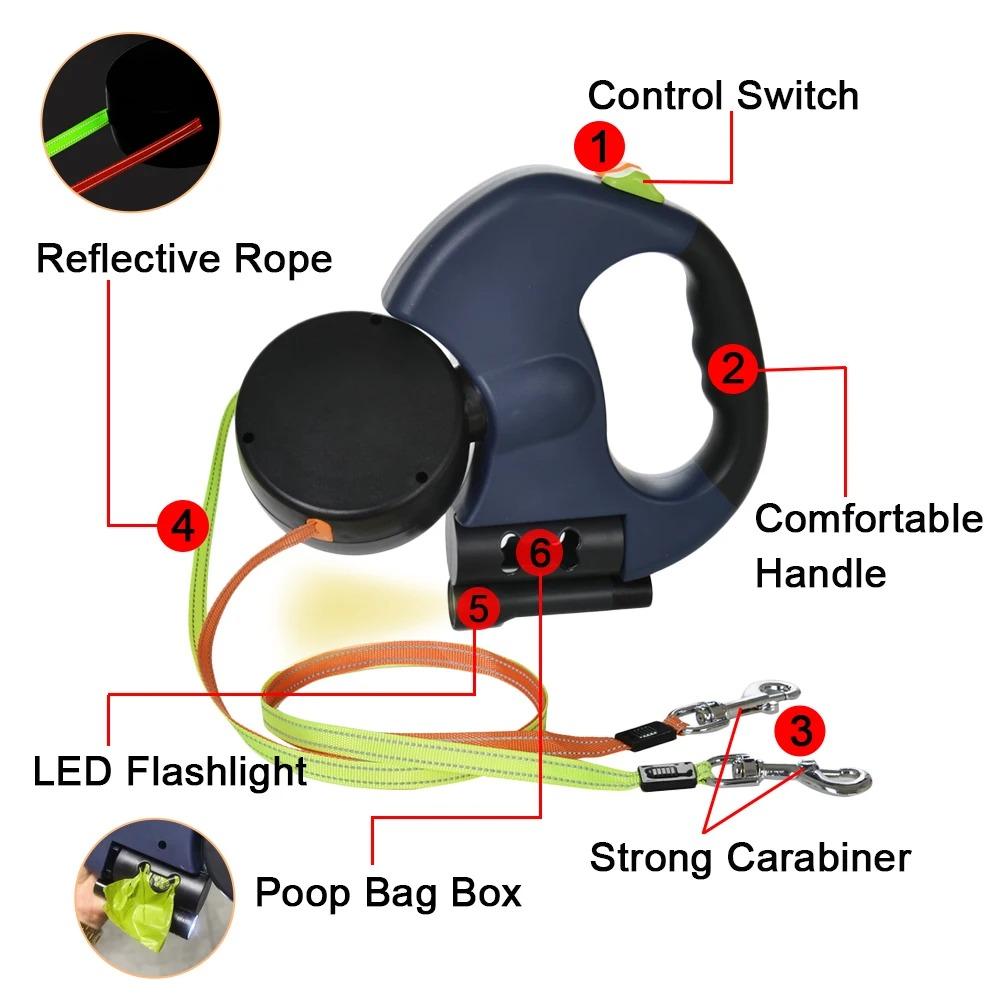 3m Retractable Double Dog Leash With Led Lights, 360° Tangle-free Swivel &amp; Reflective Lead For Small Medium Pets Night Walking