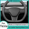HEENVN Car Leather Steering Wheel Cover for Tesla Model 3 Y Juniper Highland 2021-2026 Non-Slip Breathable Steering Accessories
