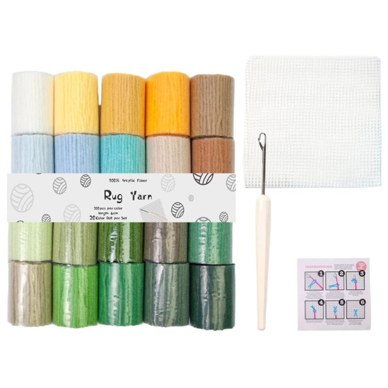 20 Color Acrylic Yarn Set With Latching Hook Crochet Needle Mesh Fabric For Beginner Carpet Making Embroidery Craft