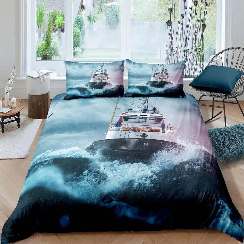 Pirate Duvet Cover Set Queen Sailboat Comforter Set Nautical Ocean Bedding Set Cool Style Quilt Cover Wave Print Decor Bedspread