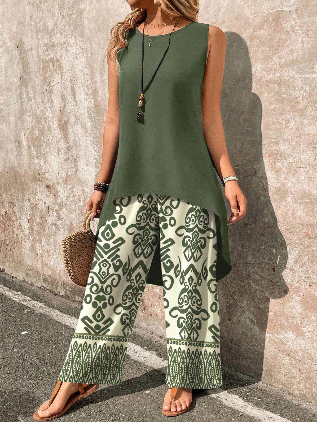 

2026 Spring Wide-Leg Pants & Vest Set: New Printed, Loose Fit, Casual Style with Front-Short Back-Long Design for Europe & America 2XL армия зеленый