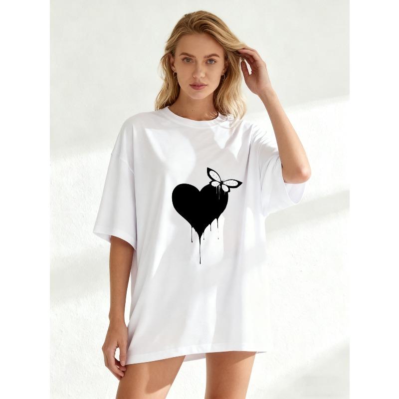 Black Oversized T Shirt With Heart And Butterfly Print For Casual Wear