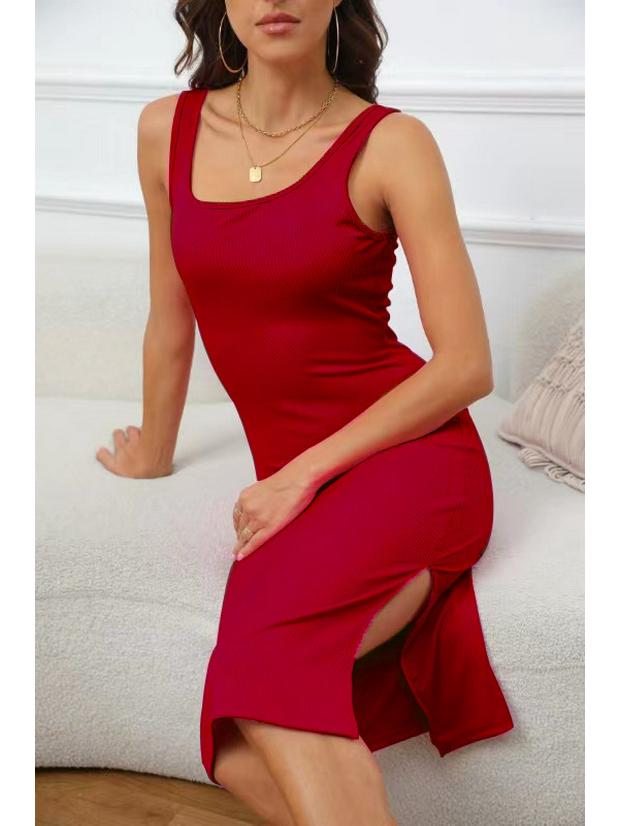 2025 Spring/Summer Elegant Sleeveless Ribbed Slim Fit Slit Dress with Square Neck