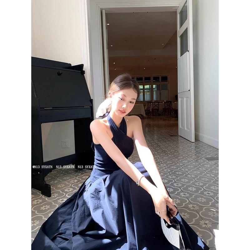 N13 Syxatn/Pure Desire Halter Neck Backless Cross A-Line Dress 2026 Spring/Summer Design Waist-Cinching Vacation Long Dress for Women Blue S