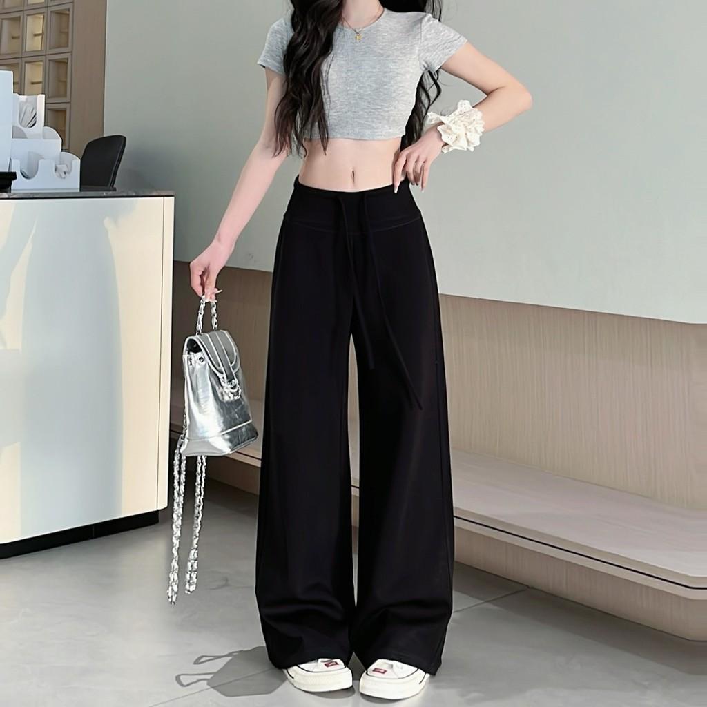 Space Cotton High Waist Drawstring Wide Leg Lounge Pants For Women With Pockets