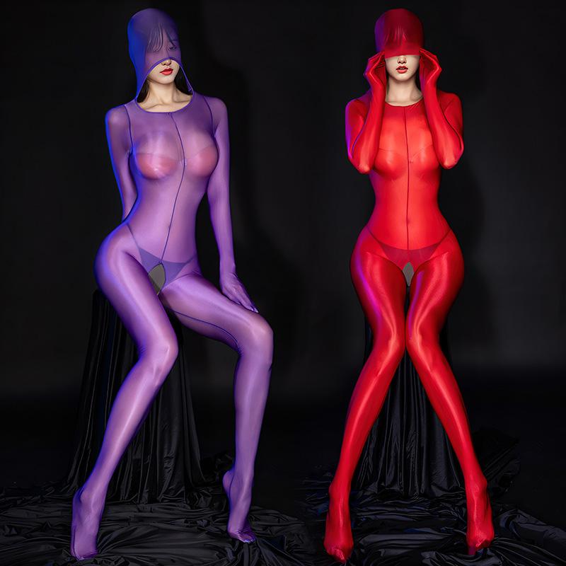 Sexy Öl Glänzende Ganzkörperstrümpfe Frauen Durchsichtiger Bodysuit-Overall mit offenem Schritt Trikot Catsuit Sex-Porno-Kleidung für Erwachsene