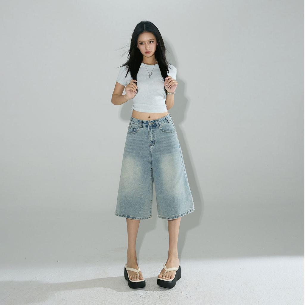 Fashion Summer Four Color Vintage High Waist Loose Wide Leg Straight Slimming Cropped Capri Denim Pants For Women Trendy Versatile AllMatch Design