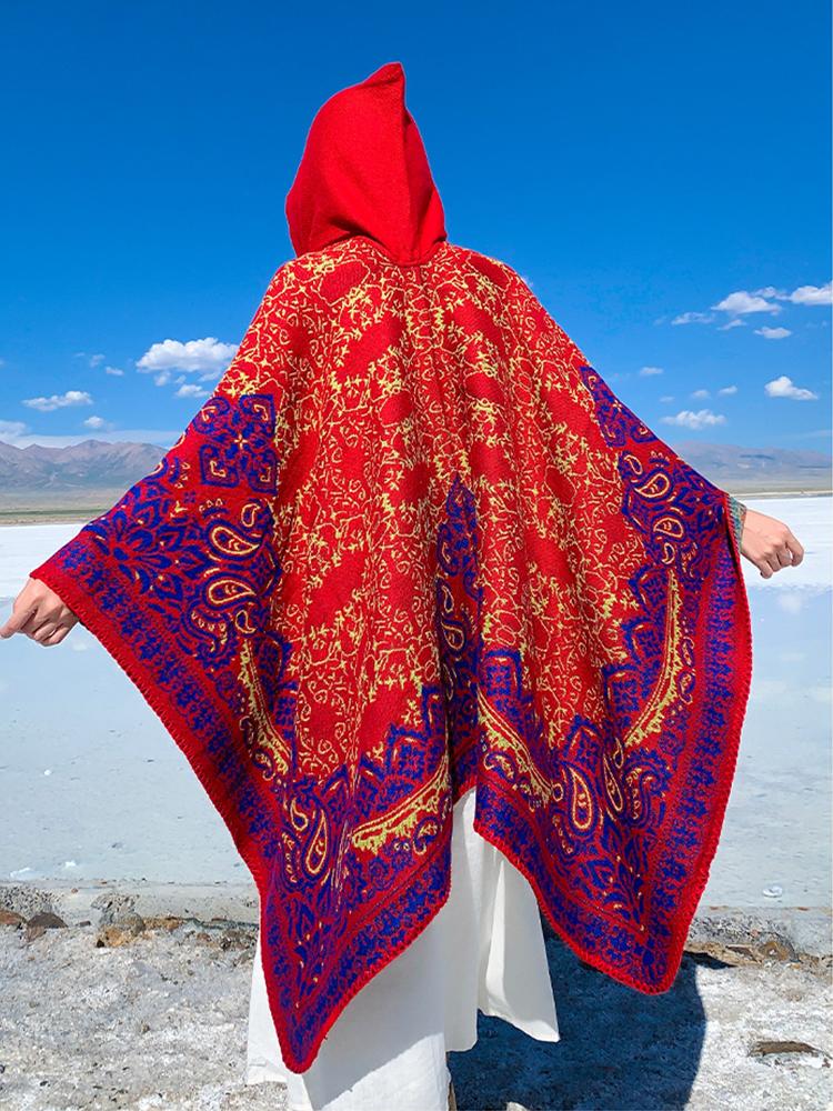Winter Women Scarf Layers Poncho Hooded Elegant Lady Retro Boho Print Wraps Shawl Casual Scarve Capa Para Mujer Pashmina Cloak
