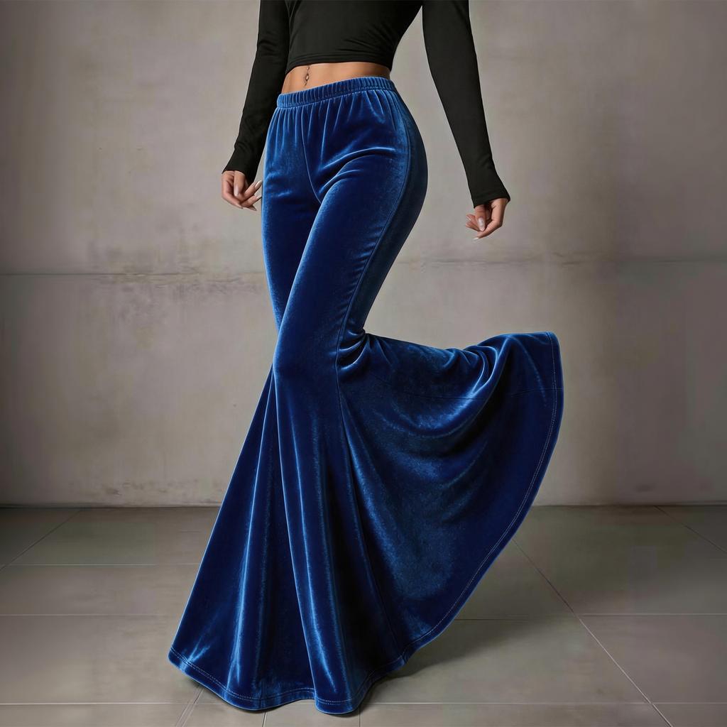 Women's High Waist Flared Pants, Elastic Waist Color Loose Casual Trousers