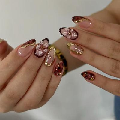 Manicure Long Almond False Nails French Aurora Fake Nails Detachable Gilding Flower Tomato Press On Nails DIY