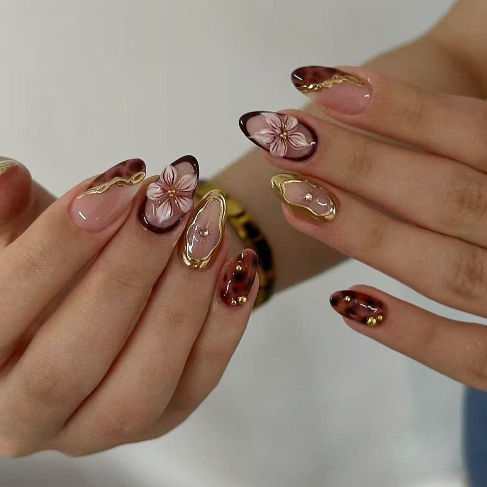 Manicure Long Almond False Nails French Aurora Fake Nails Detachable Gilding Flower Tomato Press on Nails DIY