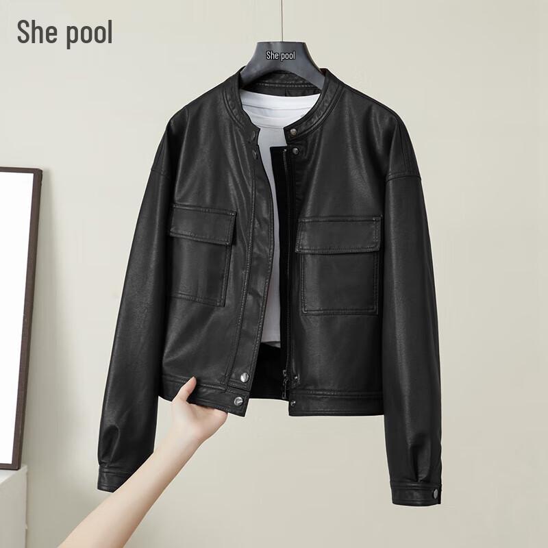 

Women s PU Leather Biker Jacket with Stand Collar M
