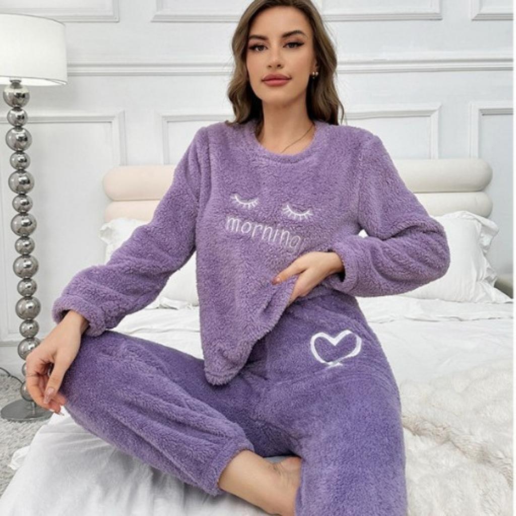 Damen Flauschiger Pyjama Set - Lässiger Rundhalsausschnitt Langarm Besticktes Buchstabenmuster - Teddy Flauschiger Lässiger Pyjama für Winterwärme, Oberteil und Hose