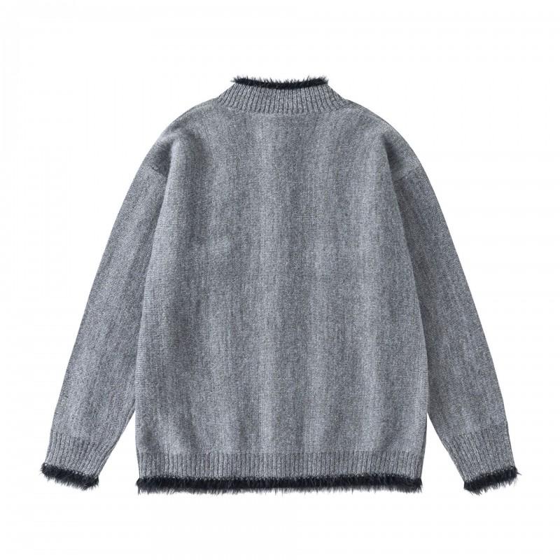 Mens Oversized Fleece-Lined Acrylic Knit Cardigan With Zipper Stand Collar Streetwear Winter Sweater