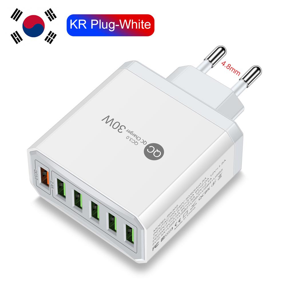 30W 6-Port QC3.0 Fast Charger with EU, US, UK, Korean Plugs