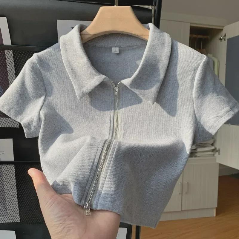 Dámské letní polo jednobarevné s dvojitým zipem a krátkým rukávem