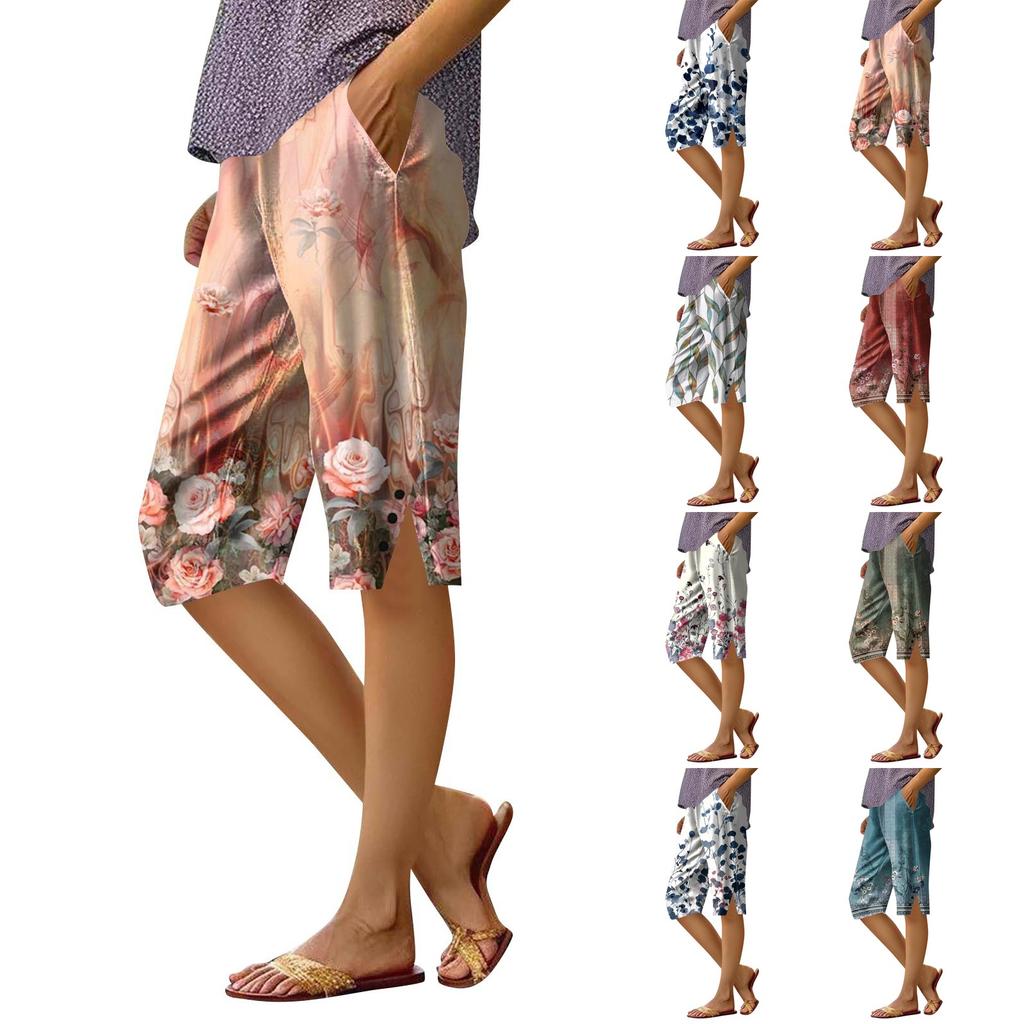 Dámské potištěné kalhoty Módní kapsa Elastický pas Ležérní šortky