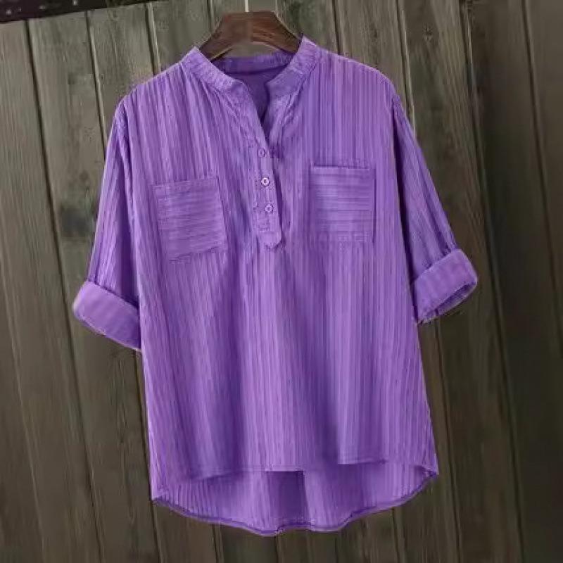 Plus Size Women White Loose Casual Round Neck Three Quarter Sleeve Shirt