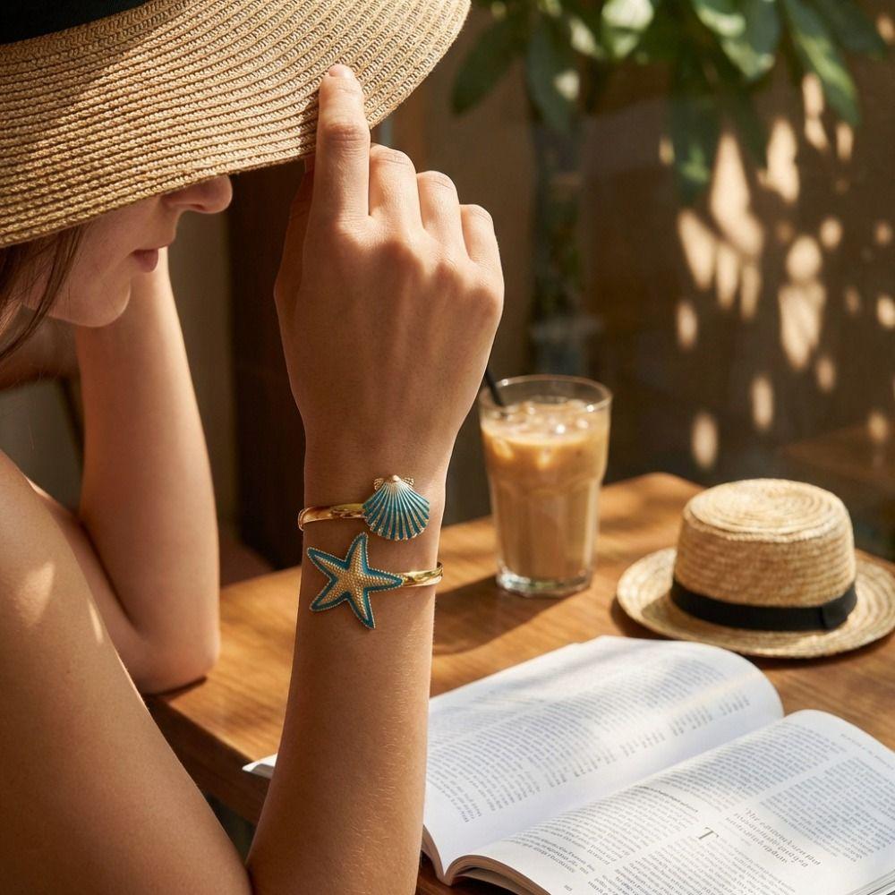 Fashion Pearl Shell Starfish Cuff Boho Enamel Metal Bracelet Asymmetry Irregular Bohemian Beach Jewelry Women