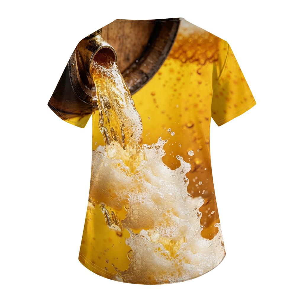 Women's V Neck Short Sleeve Work Shirt with Pockets Oktoberfest Beer Print Medical Scrub Top for Healthcare Professionals