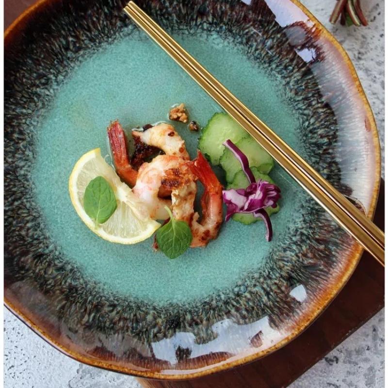 Creative European Ceramic Dinner Plate, Kiln-Changed Green Glaze Steak Plate, Household Salad Dish