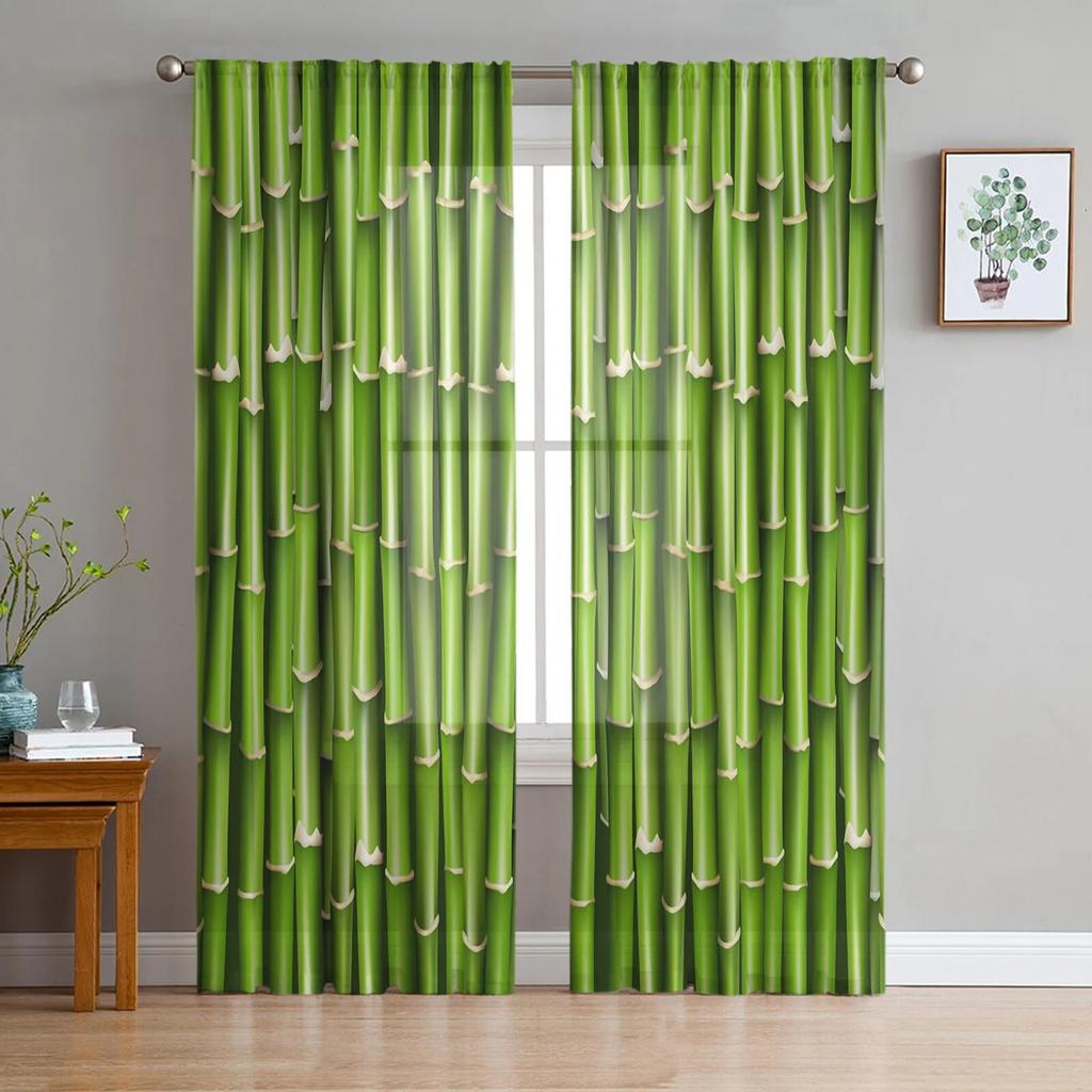 Grüne Bambusblätter, transparente Vorhänge für Wohnzimmer, Tüll-Vorhang für Schlafzimmer, Küche, Fenster, Voile-Vorhänge