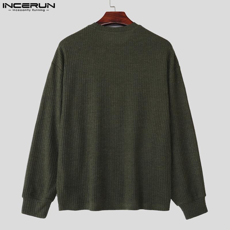 INCERUN Autumn Men Round Neck Long Sleeve Texture Rib Casual Pullover Tops