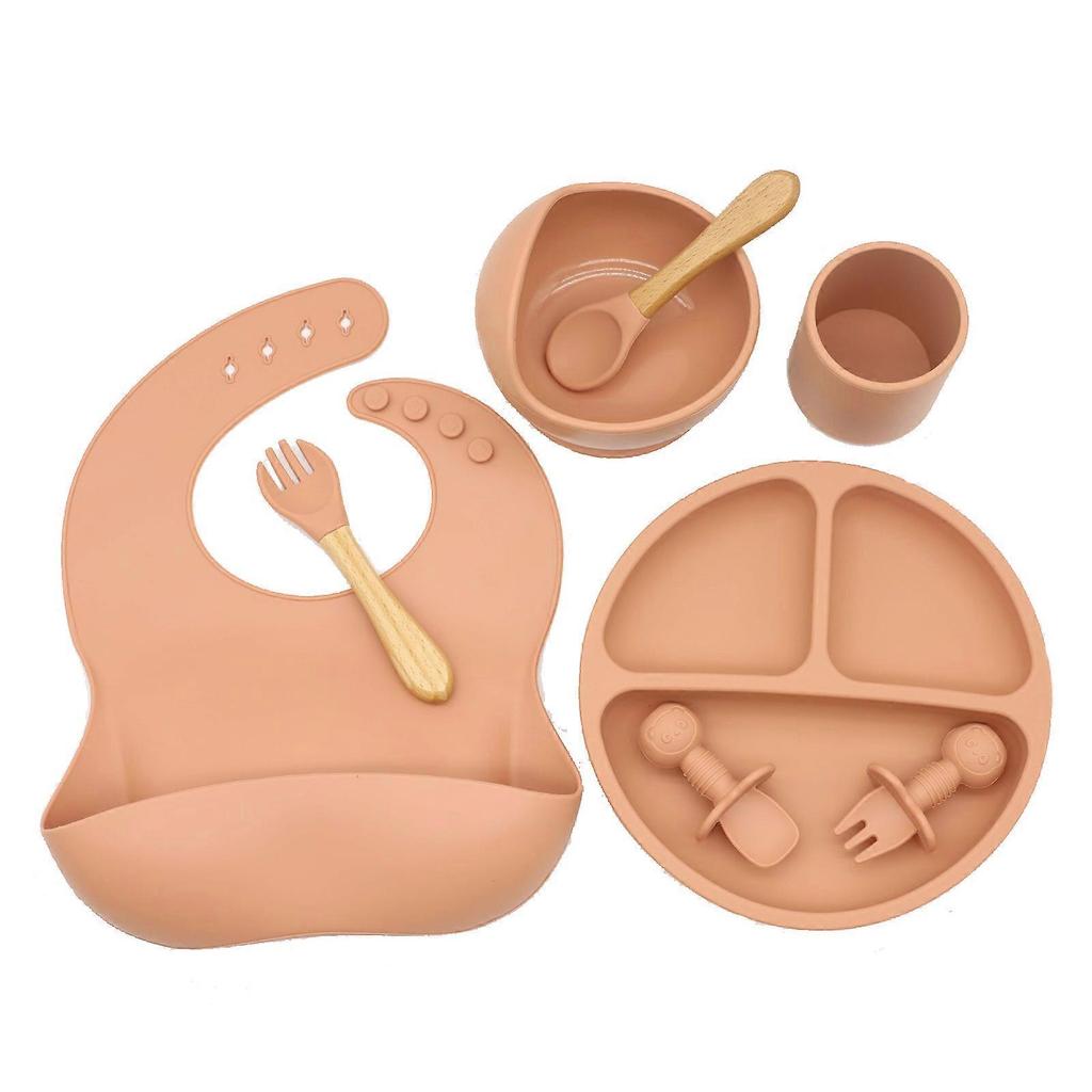 8 Pcs Baby Silicone Bibs Divided Dinner Plate Suction Bowl Spoon Fork Cup Set Deep Orange Red