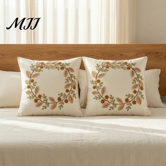 Fall Decorative Pillow Covers Autumn Wreath Cushion Cover, Thanksgiving Throw Leaf Embroidery Autumnal Bedroom Accent Cover Case for Sofa Couch