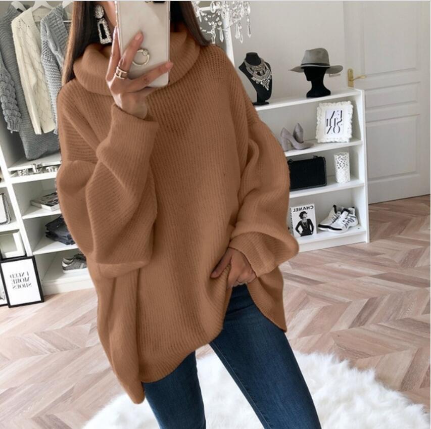 Women Knitted Solid Sweaters Turtleneck Full Sleeve Thick Jumpers Pullovers Loose Casual Splice Sweater Autumn Winter Pullover