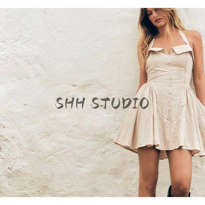 Spring and Summer Women's Clothing Slit Design Straight Cut Neckline Cotton Hanging Collar Gingham Short Dress 5107303