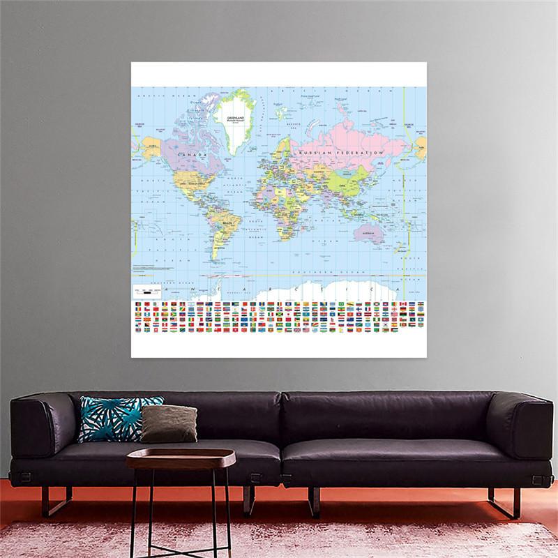 World Map Poster with Flags Large Educational Wall Chart for Bedroom Playroom School Classroom Geography Learning Decor