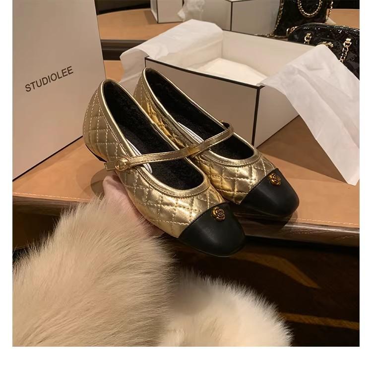 Shoes Gold buckle camellia small fragrant wind rhombus inner height increase Mary Jane shoes single shoes 40