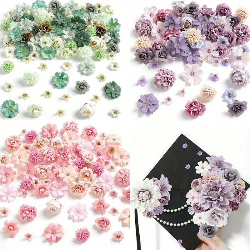 20 Pcs Flower Heads, Mini Artificial Flowers, Green, Purple, Pink, Wedding Bridal Headpieces, Flowers