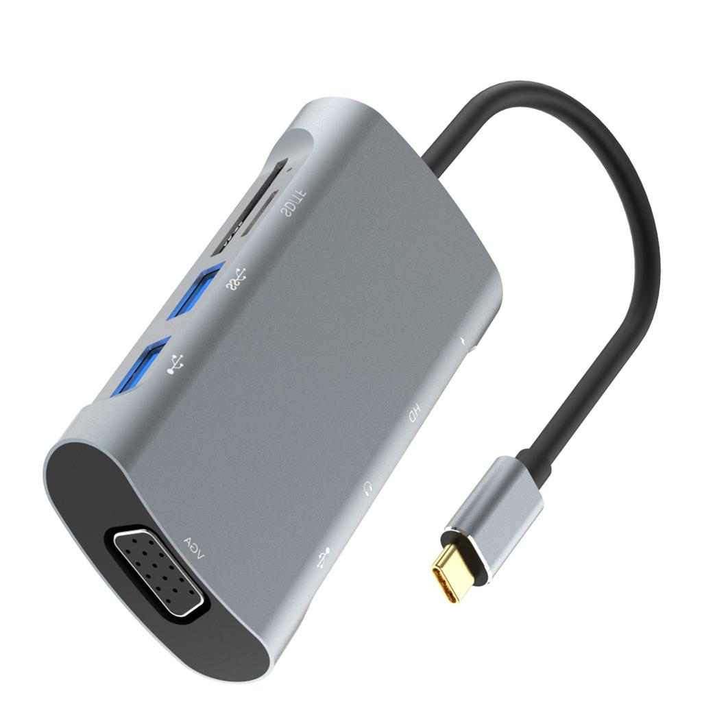 USB C Hub 9 In 1 Docking Station Type C M to PD+USB3.0+USB2.0*2+Card Reader+HD+VGA Support 4K*2K 30Hz Output
