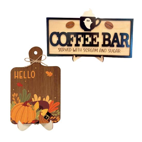 Seasonal Desktop Display Hello Fall Wooden Sign, Cutting Board Shape Autumn Harvest Tabletop Ornament with Centerpiece for Dining Table Hanging Rope &